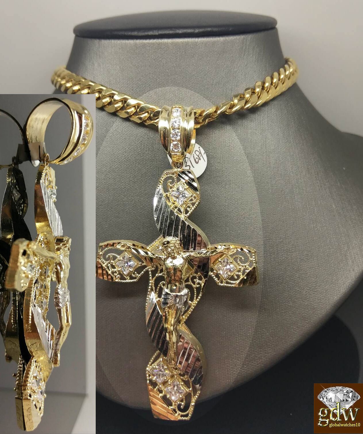 New 10k Yellow White Gold Jesus Crucifix Cross Pendent Diamond Cut - GoldenlinQ